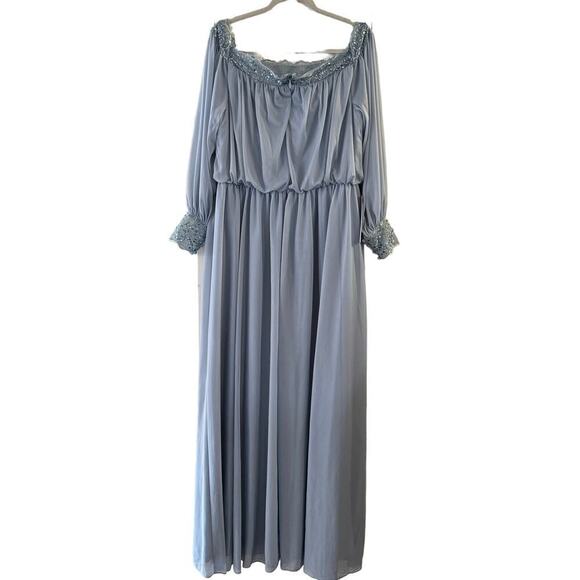 NWT Azazie Tempest Formal Dress Dusty Blue Lace Sequin Elastic Waist Maxi Sz 18 - Picture 2 of 9